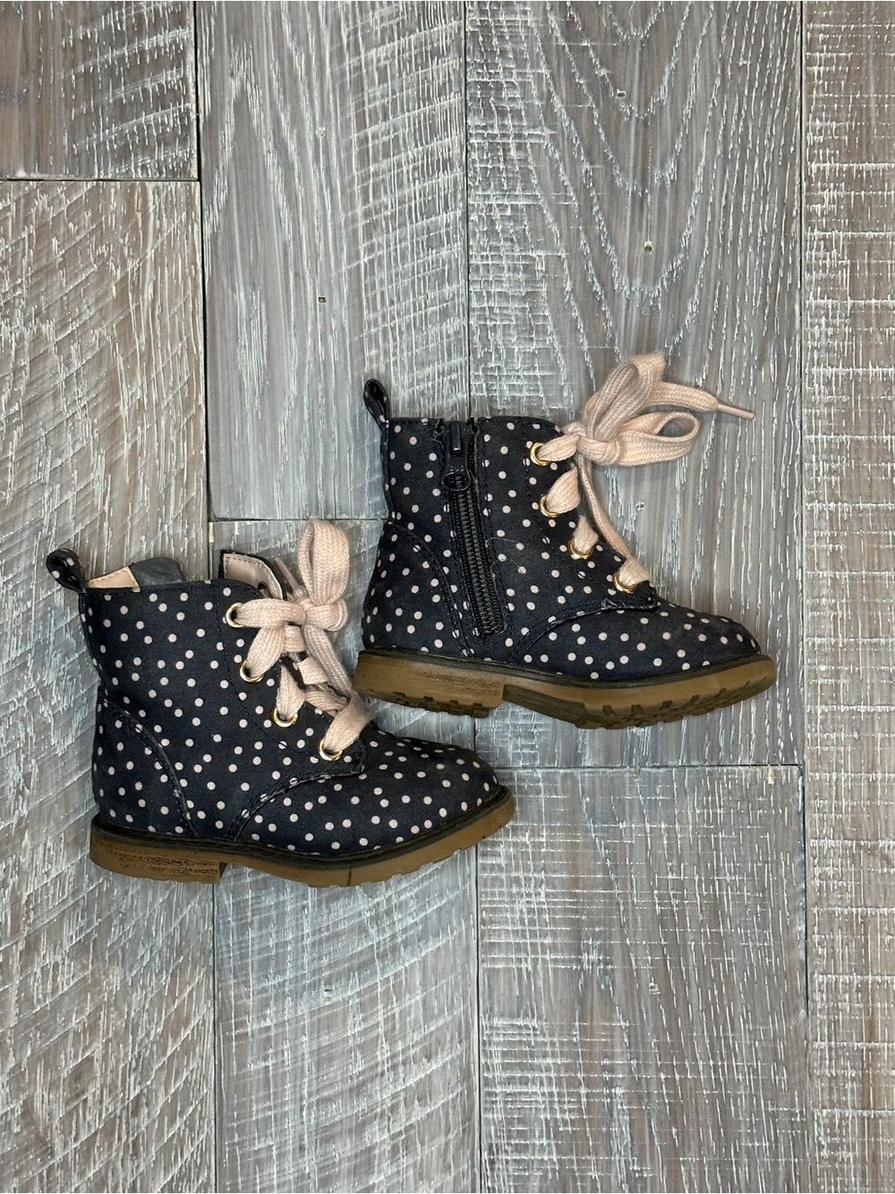 Cat & Jack Navy Polka Dot Kids Lace-Up Boots with Pink Laces